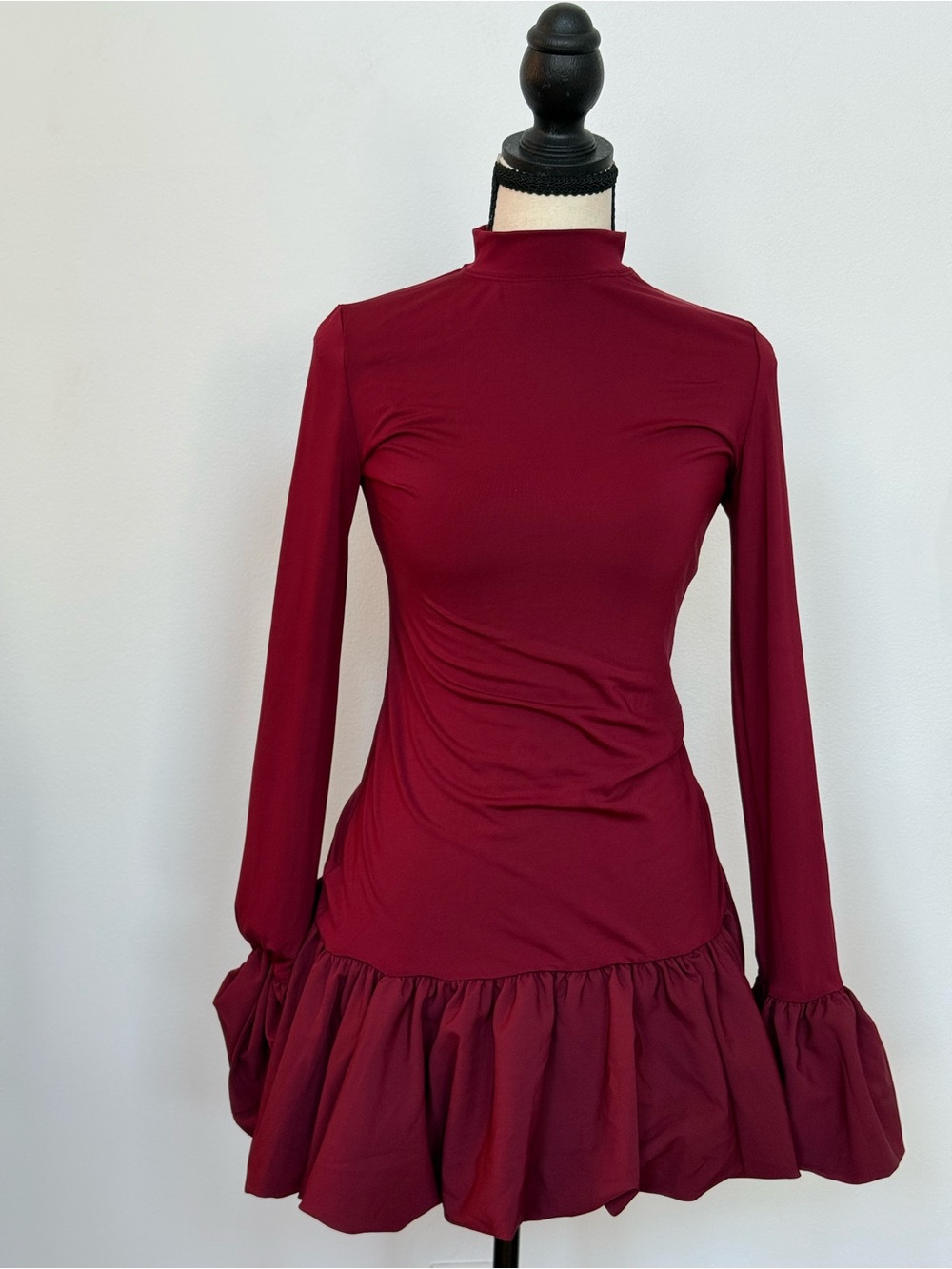 Women’s Mini Dress with Ruffle Hem in Burgundy